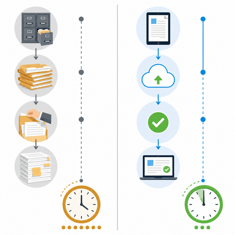 Side-by-side timeline comparing paper-based versus digital fulfillment of a public records request, showing staff hours saved