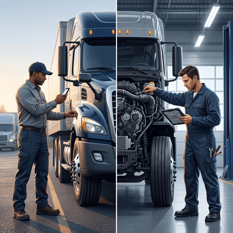 Split illustration comparing a driver performing a daily DVIR walk-around with a mechanic performing a periodic preventive maintenance inspection in a service bay