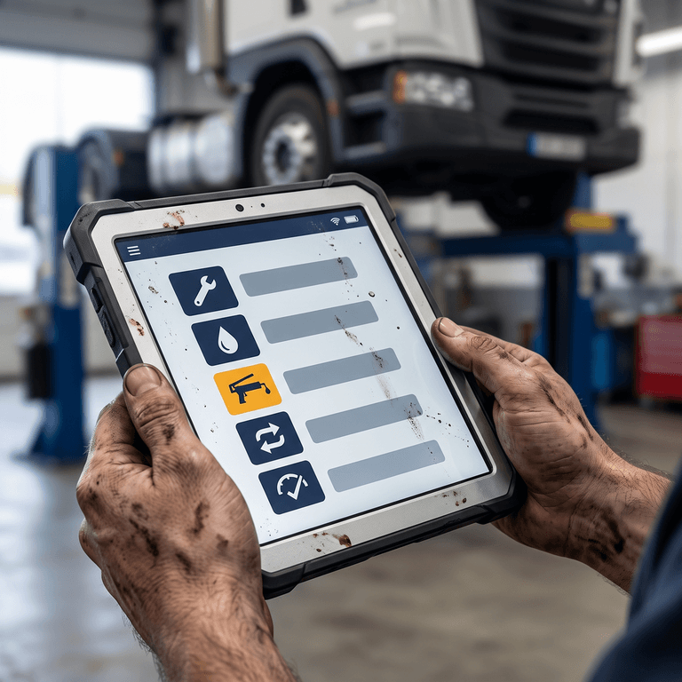 Close-up of a fleet maintenance tablet showing PMI action indicators Adjust, Oil, Grease, Replace and Test in a digital inspection workflow