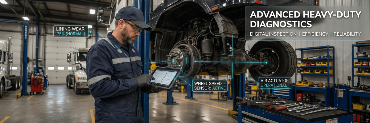Fleet mechanic completing a digital preventive maintenance inspection on a tablet next to a heavy-duty truck in a service bay
