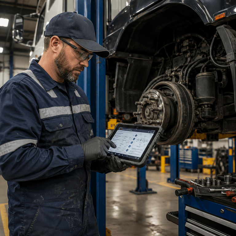 Fleet mechanic completing a digital preventive maintenance inspection on a tablet next to a heavy-duty truck in a service bay