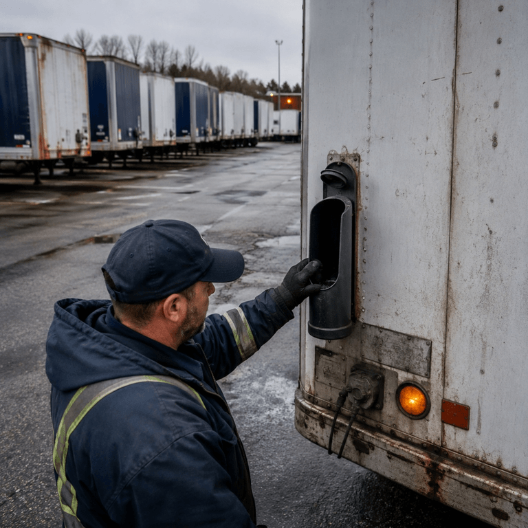 Rows of unattended trailers in a drop-and-hook yard with a driver checking an empty paper document tube on a trailer