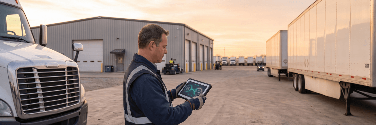 Truck driver linking a digital trailer inspection report to a power unit DVIR on a tablet in a drop-and-hook yard