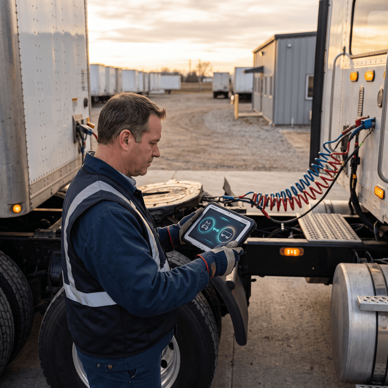 Truck driver linking a digital trailer inspection report to a power unit DVIR on a tablet in a drop-and-hook yard