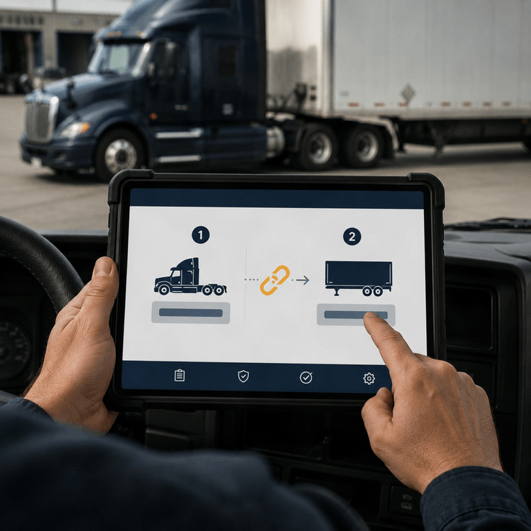 Workflow diagram showing a driver selecting a power unit and then linking it to a specific trailer unit number in a digital DVIR app