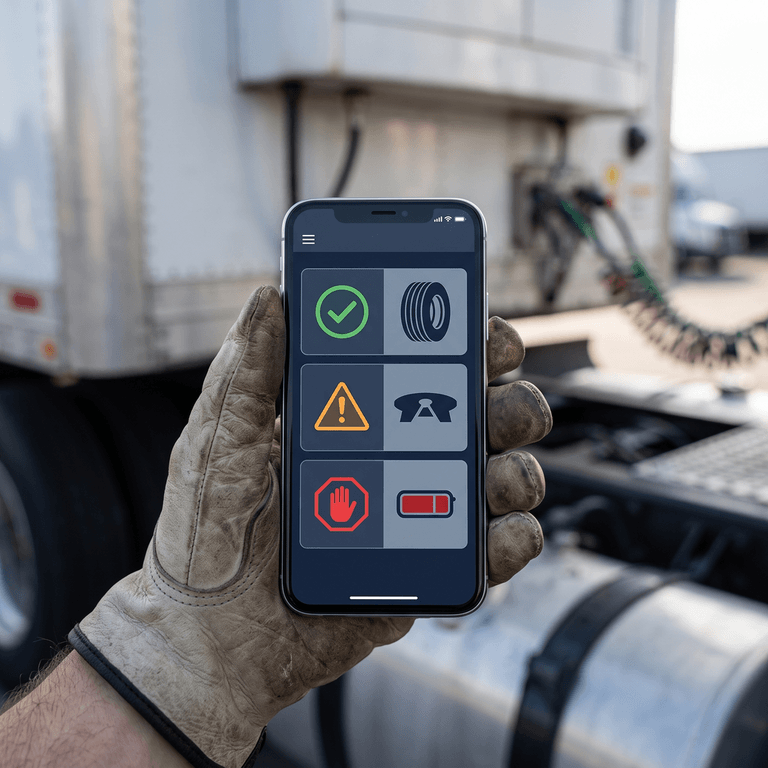 Mobile app screen showing a trailer's defect triage status labeled okay, needs future attention, and immediate attention