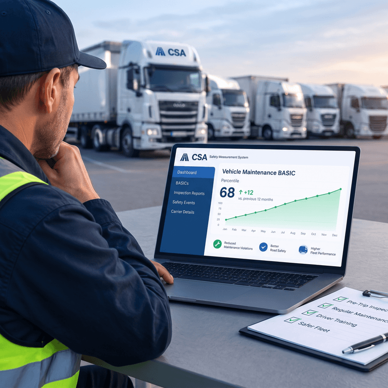 Fleet safety manager reviewing a rising Vehicle Maintenance BASIC percentile on a CSA Safety Measurement System dashboard