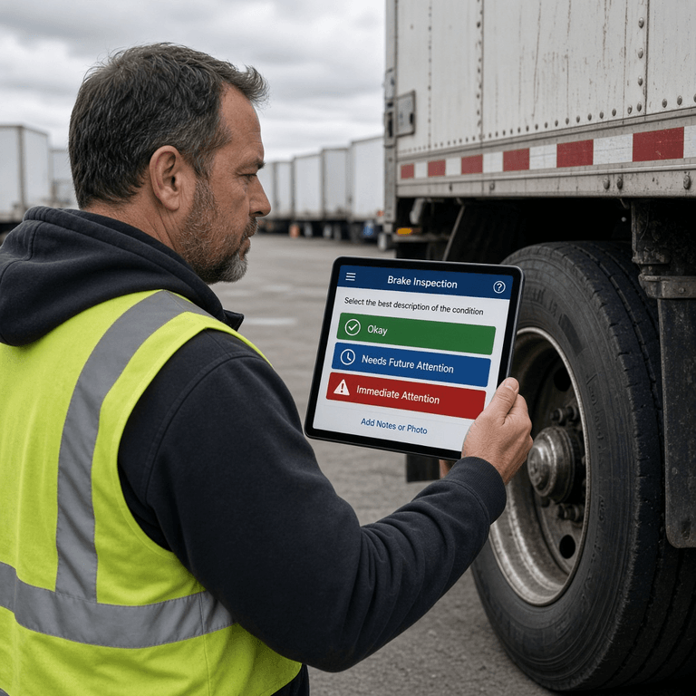 Driver using a tablet to photograph a brake component during a digital pre-trip inspection, with defect status options for okay, needs future attention, and immediate attention
