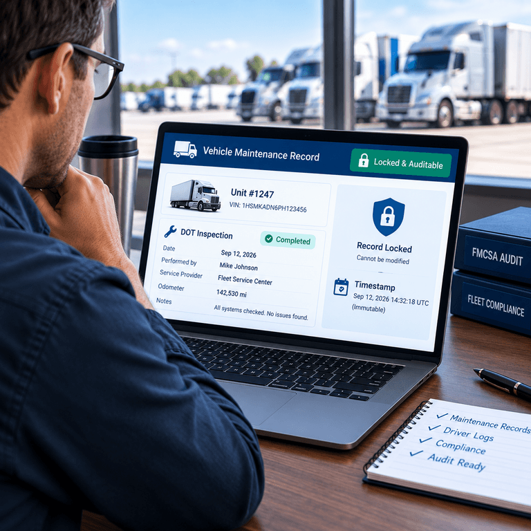 Fleet compliance manager reviewing a locked, timestamped digital maintenance record archive ready for an FMCSA audit