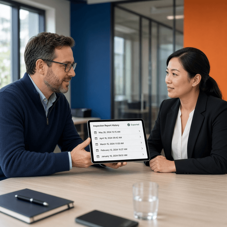 Fleet manager presenting an exported digital inspection report history to an insurance broker during a policy renewal meeting