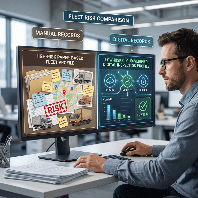 Insurance underwriter comparing a high-risk paper-based fleet profile against a low-risk cloud-verified digital inspection profile on a dual-panel dashboard