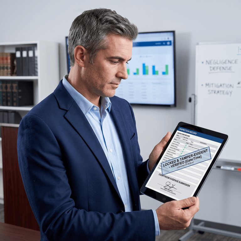 Fleet risk manager reviewing a locked, tamper-evident digital inspection record used as courtroom evidence to defend against a nuclear verdict lawsuit