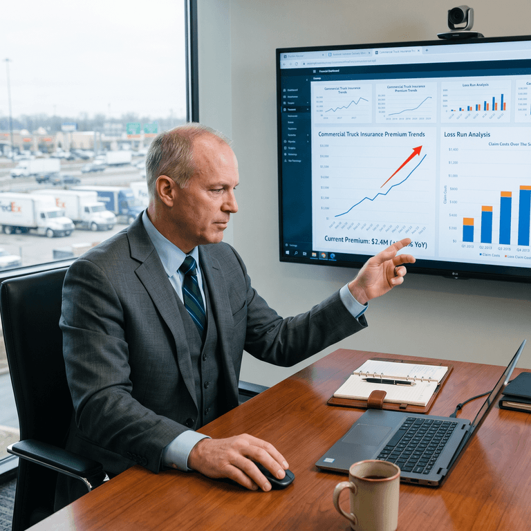 Fleet CFO reviewing a rising commercial truck insurance premium and loss run report on a financial dashboard
