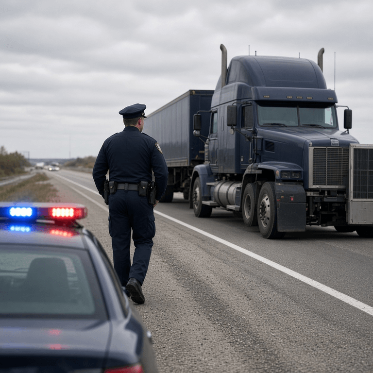 Law enforcement officer approaching a semi-truck pulled over on a highway shoulder during CVSA Operation Safe Driver Week