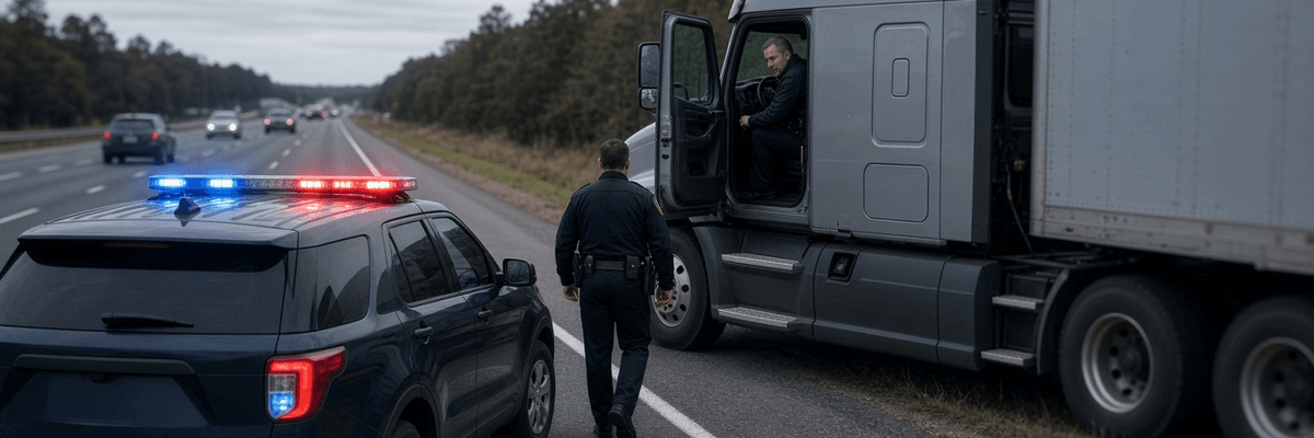 Law enforcement officer conducting a roadside traffic stop on a commercial truck driver during CVSA Operation Safe Driver Week