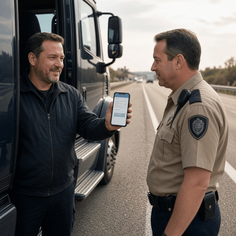 Truck driver showing a locked digital DVIR PDF on a smartphone to a roadside inspector during a traffic stop