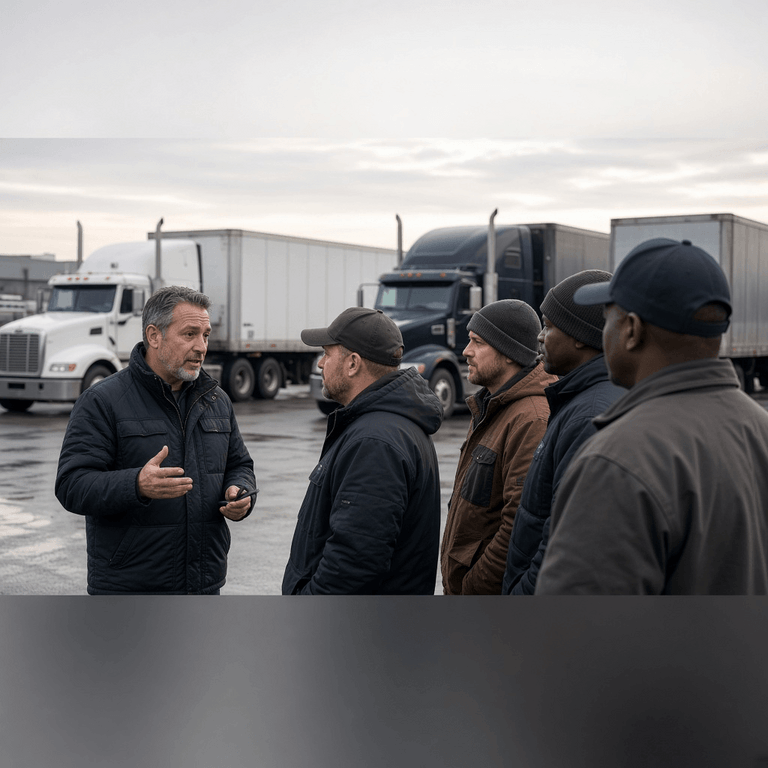 Fleet safety manager briefing a group of commercial drivers on documentation and behavior expectations before a CVSA enforcement initiative