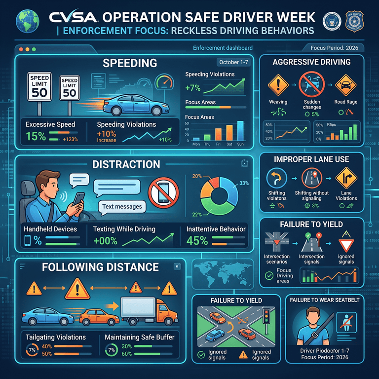 Enforcement dashboard highlighting the reckless driving behavior categories targeted during CVSA Operation Safe Driver Week, including speeding, distraction, and following distance