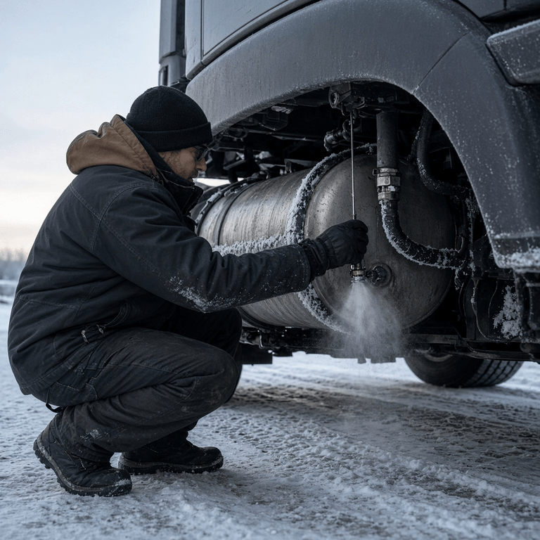 Truck driver in winter gear crouching beside a tractor's air tank to manually drain the moisture ejector valve in freezing conditions