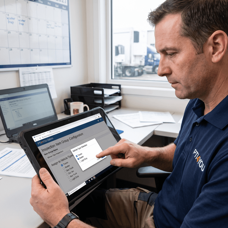 Fleet maintenance manager configuring a custom Winter Ops inspection item group on a tablet in the PTI4YOU admin interface