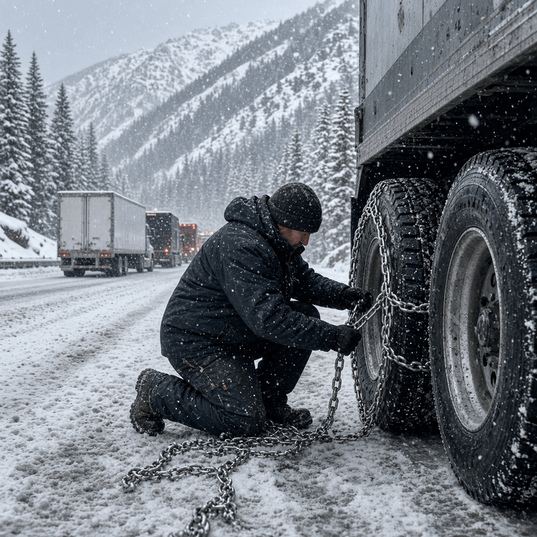 Driver installing tire chains on a commercial truck's drive axle at a designated chain-up area on a snowy mountain highway