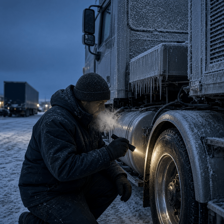 Commercial truck driver using a flashlight to inspect a frost-covered semi-truck during a winter pre-trip inspection at dawn