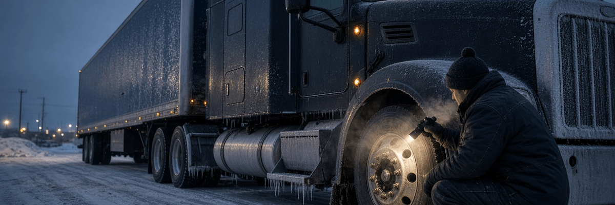 Commercial truck driver performing a flashlight pre-trip inspection on a frost-covered tractor-trailer before dawn in winter