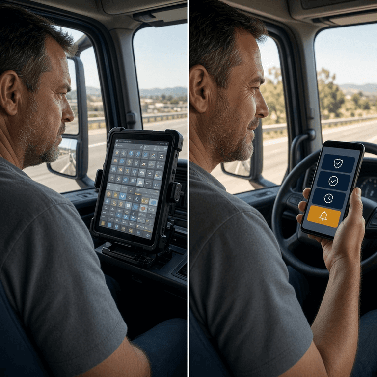 Side-by-side comparison of a frustrated driver navigating a rugged proprietary ELD tablet menu versus confidently using their own smartphone for a DVIR