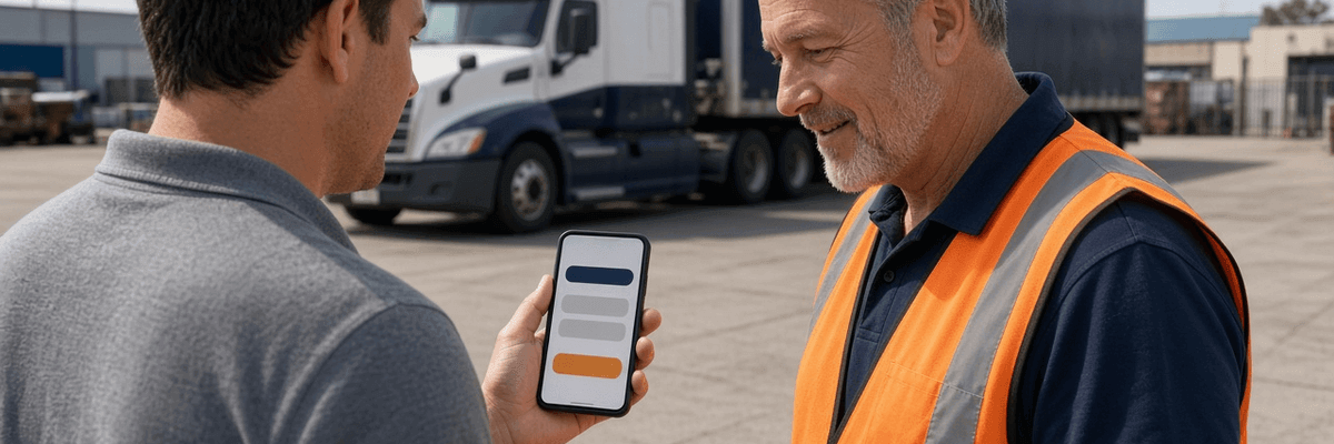 New CDL driver completing a 30-minute digital DVIR orientation on a personal smartphone with an HR trainer during fleet onboarding