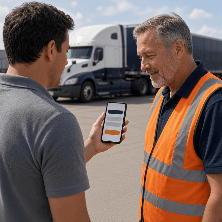 New CDL driver completing a 30-minute digital DVIR orientation on a personal smartphone with an HR trainer during fleet onboarding