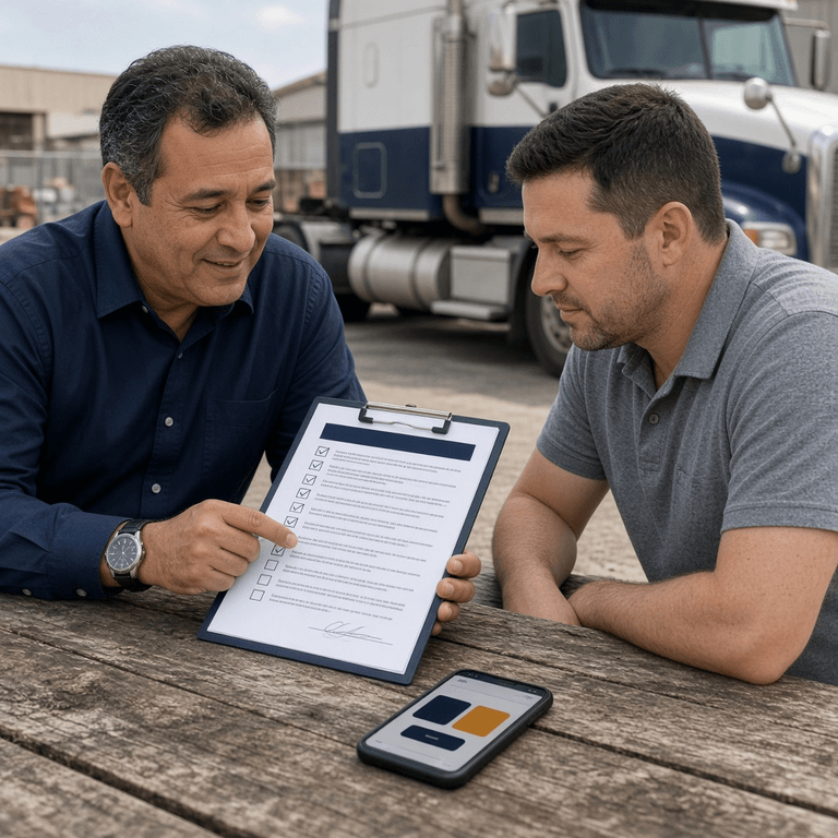 HR trainer guiding a new CDL hire through a 30-minute digital DVIR orientation session using a printed checklist and a smartphone