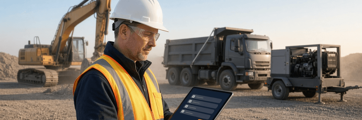 Construction superintendent reviewing digital DVIR checklists on a tablet beside an excavator, dump truck, and towable generator