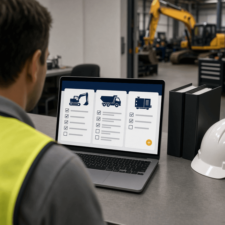 Fleet manager configuring separate inspection checklist templates for excavators, dump trucks, and generators on a laptop