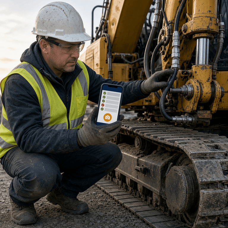Excavator operator inspecting a hydraulic cylinder and track undercarriage while completing a digital pre-shift checklist on a smartphone