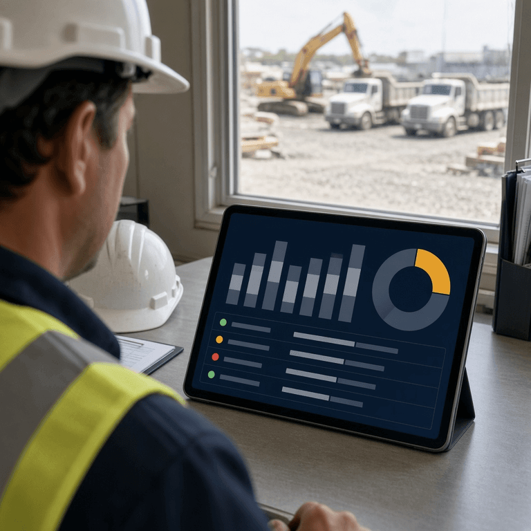 Construction superintendent reviewing a mixed-fleet inspection completion and defect resolution dashboard on a tablet in a job-site trailer