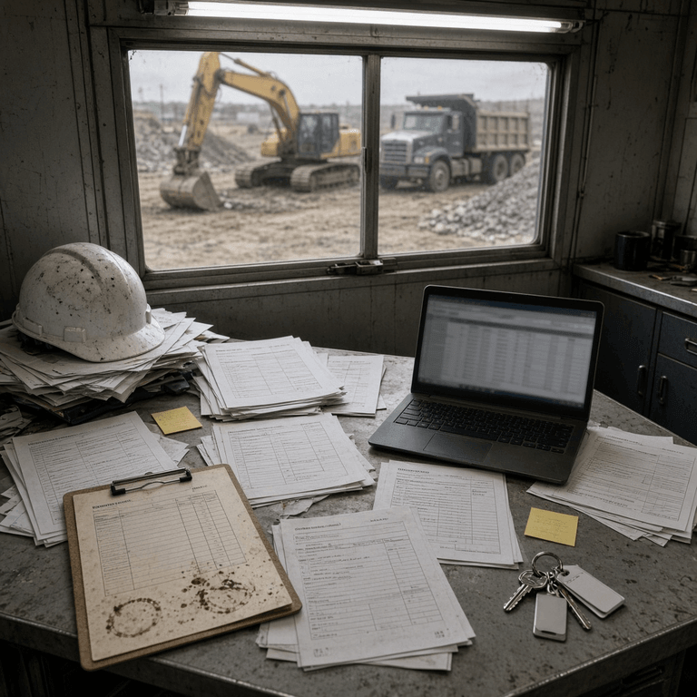 Cluttered site trailer desk covered in mismatched paper inspection forms, sticky notes, and equipment keys at a construction company